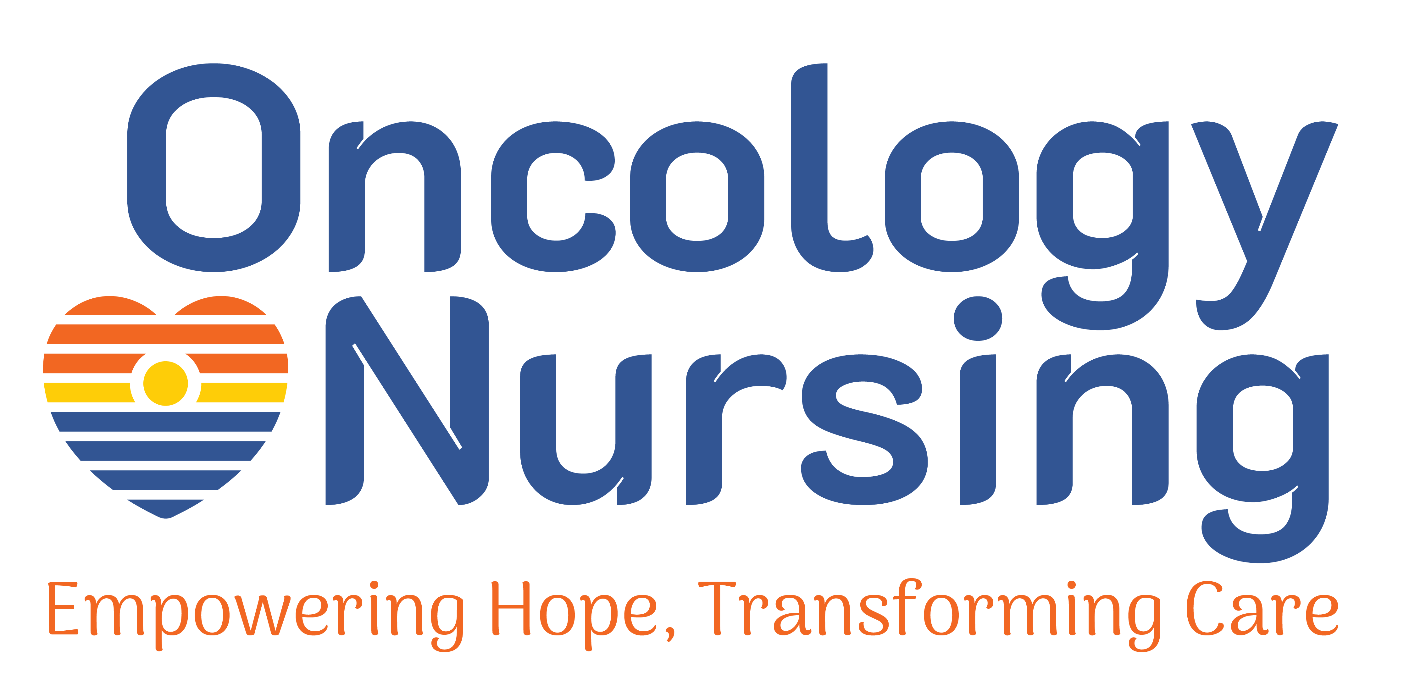 Large blue text, "Oncology Nurses", under that orange purple text "Empowering hope, transforming care". Sunrise heart shaped illustration the the left of the blue text.