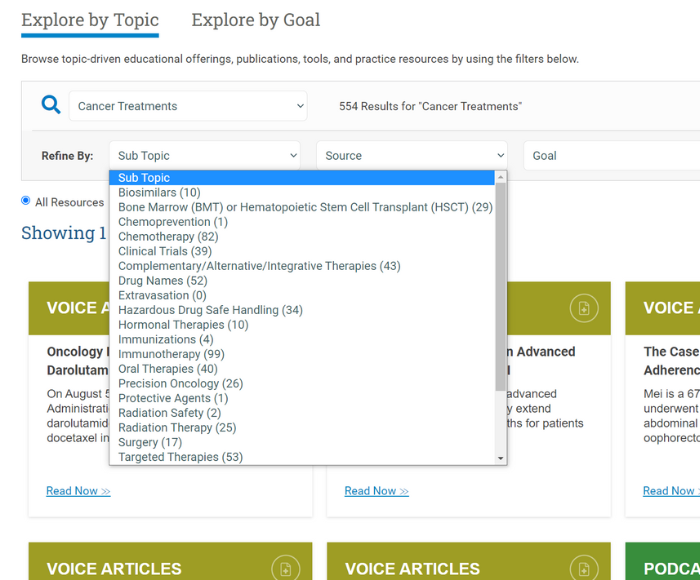 screenshot of explore resources search engine on ons.org, subtopic dropdown open
