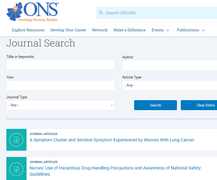 Screenshot of journal search engine on ons.org
