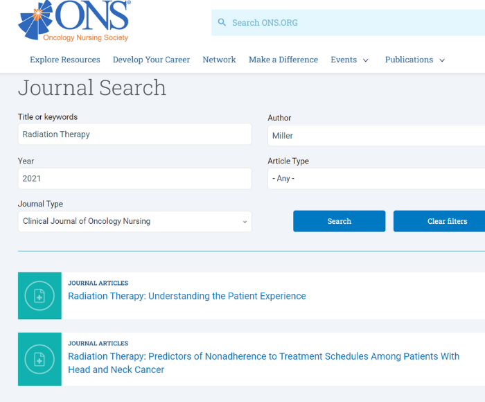 Screenshot of journal search engine on ons.org with keyword filters filled out